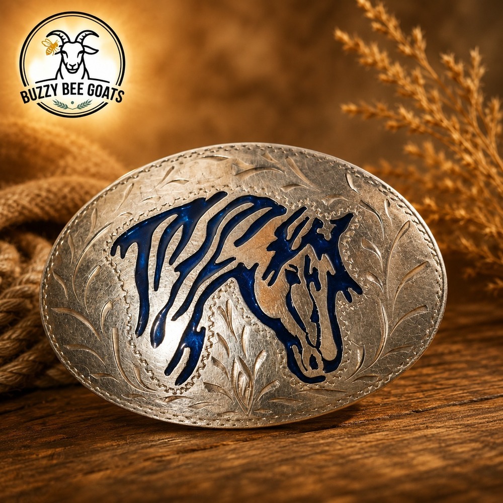 VINTAGE WESTERN HORSE HEAD BELT BUCKLE SILVER TONE ENGRAVED 1980S RODEO